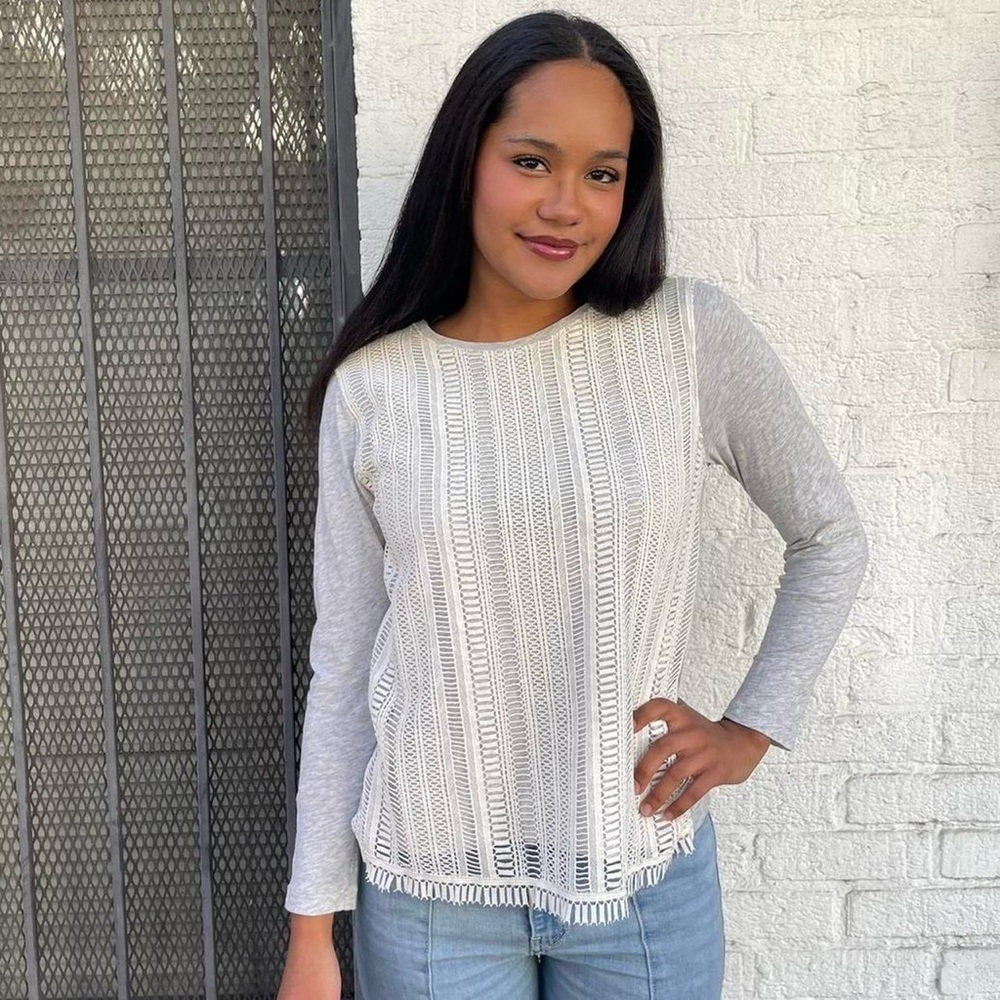 J.crew White and grey long sleeve lace top blouse size medium